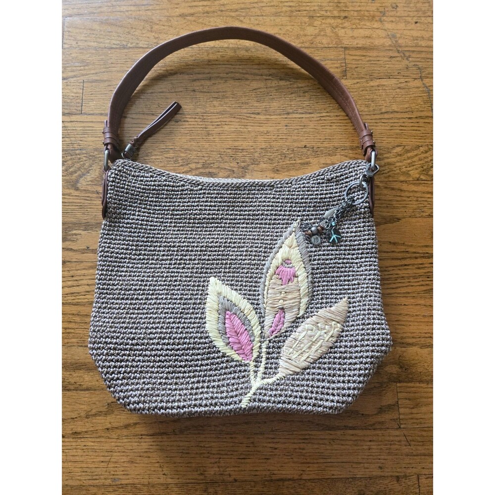 The Sak Brown Woven Shoulder Bag Crochet Hobo Purse Leather Trim with Charms